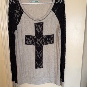 Maurices Gray Top with Black Lace Cross